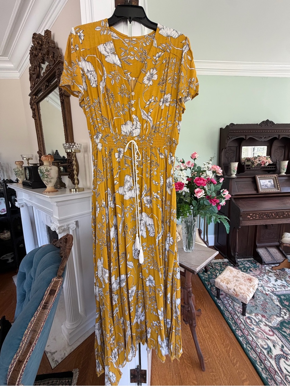 Mustard Floral Tie-Waist Maxi Dress, XL